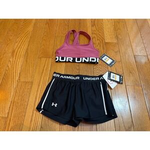 Under Armour Girls Pink Black Tech Play Up Sports Bra Shorts Set YSM 1390075 NEW